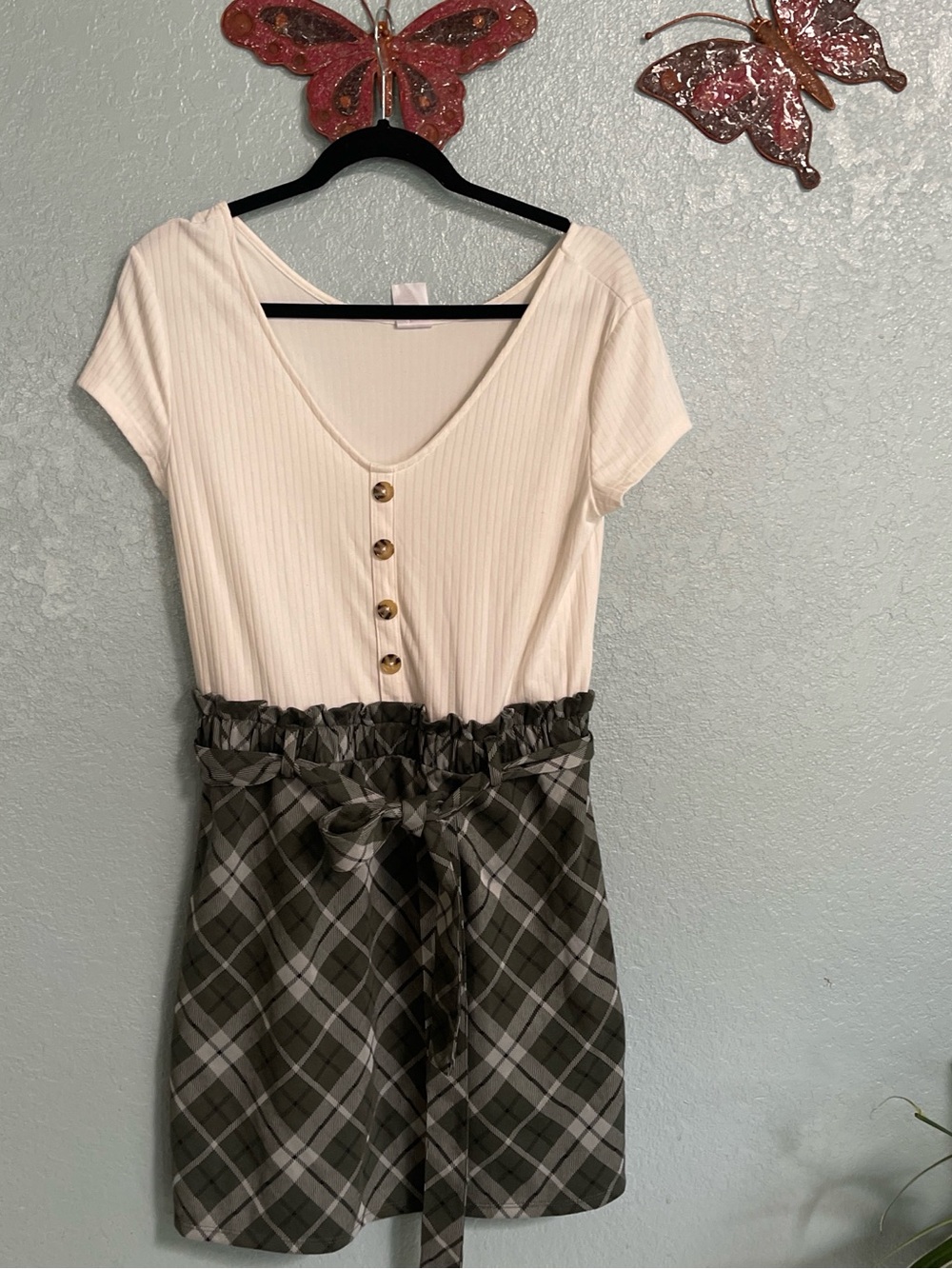 No Boundaries Cream and Olive Plaid Mini Dress